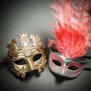 Pegasus Horses & Pink Tall Feather Couple Masks